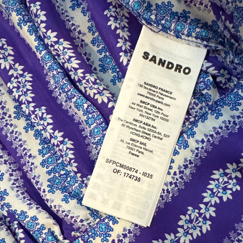 Sandro Silk Floral Stripe Purple Blue Balloon Sleeve Button Tie Cropped Blouse S - Picture 7 of 17